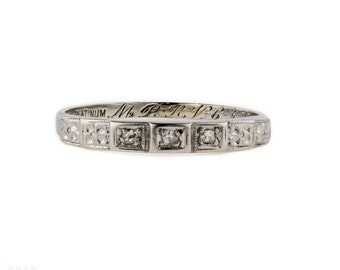 Rose Cut Diamond Wedding Ring, Art Deco Three Stone Diamond Ring Engraved with Flowers. Platinum, Circa 1930s.