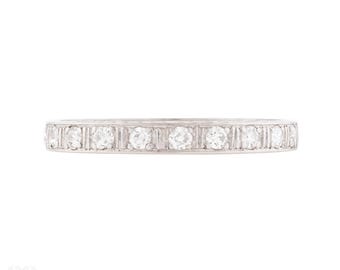 Art Deco Platinum Half Hoop Diamond Ring with Flower Engraving, Size L / 5.75.