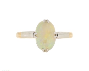 Vintage Opal Solitaire Ring, Double Claw Design 9ct 9k Gold & Platinum Setting.