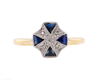 Antique Sapphire & Diamond Geometric Shape Art Deco Ring, 18ct Platinum.