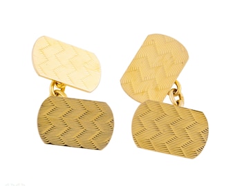 Vintage 9ct Yellow Gold Cuff Links with Engine Turned Design, Circa 1940s.