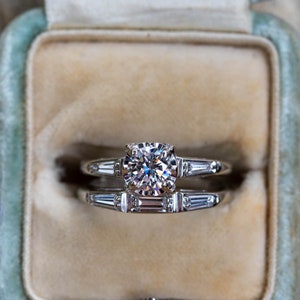 Vintage Round & Baguette Diamond Engagement and Wedding Ring Set. 1940s Locking Bands. image 2