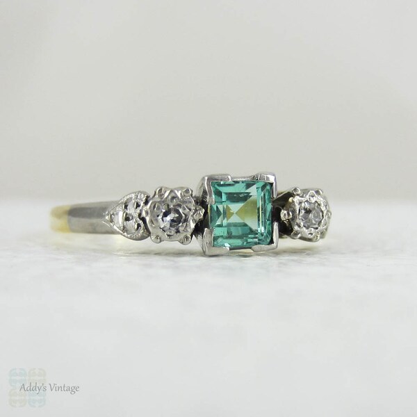 Art Deco Emerald & Diamond Engagement Ring. Three Stone Trilogy Ring with Square Cut Emerald in Yellow Gold and Platinum.