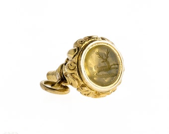 Antique Victorian Citrine Deer Intaglio & Watch Key.