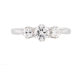 Three Stone Vintage Diamond Engagement Ring, Platinum Set 0.75ctw Ring.