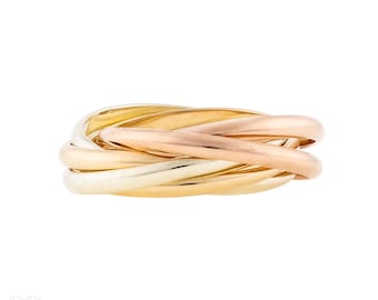 Vintage 9ct Tri Colour Gold Rolling Russian Wedding Ring, Size O / 7.25