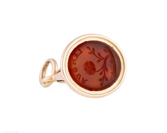 Antique L'AMOUR Rose Engraved Intaglio, Victorian 9ct Gold Carnelian Seal.