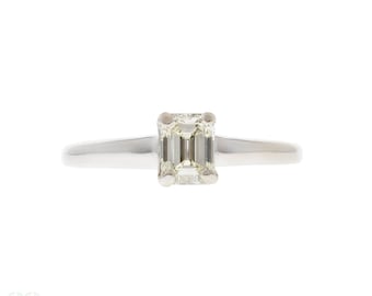 Vintage Emerald Cut Diamond Engagement Ring, Fluted 14k 14ct White Gold.