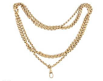 Viktorianische 9ct Lange Schutzkette mit drehbarem Hundeclip, 160 cm / 63 inches (49.4g).