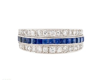 Art Deco Sapphire & Diamond Triple Row Half Hoop Band, 18ct Platinum.