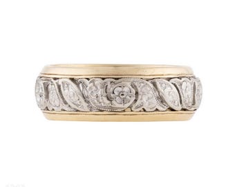 Wide 14k Two Tone Gold Floral Engraved Vintage Wedding Ring, Size K.5 / 5.5.