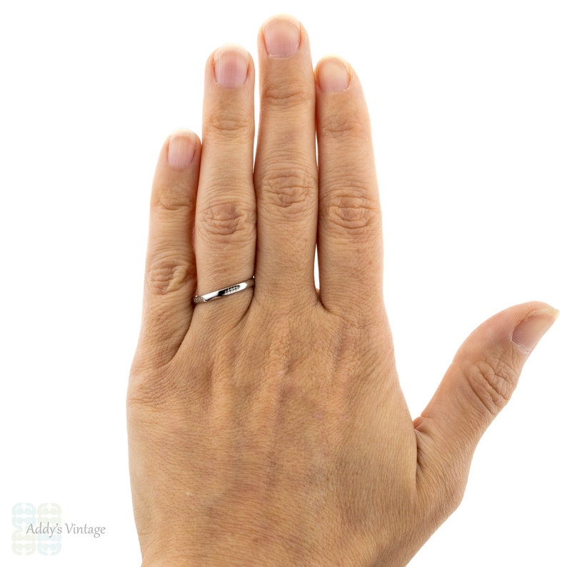 Engraved Vintage 1940s Narrow Ring Size O 7.25. Platinum Faceted Wedding Band