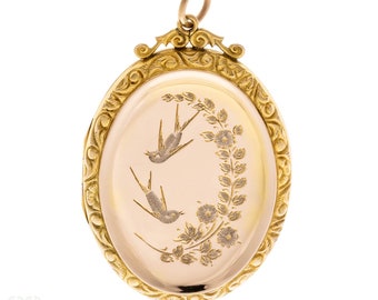 Victorian Swallows in Flight Locket, Bird Flower Engraved 9ct Gold Front & Back.