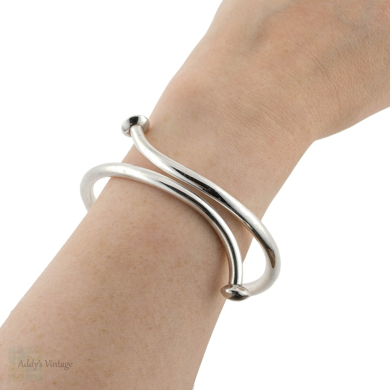 Vintage Mid Century Large or Upper Arm Bracelet. Nail Design Sterling Silver Bangle