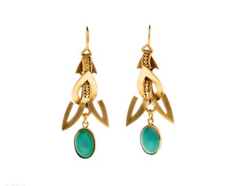 Antique Victorian Turquoise Gilt Drop Earrings, Tapered Design Dangles.