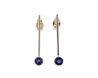 Iolite 9ct White Gold Bar Earrings, Vintage Bezel Set Drop Stud Earrings.
