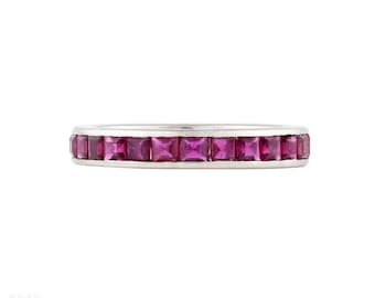 Ruby Chanel Set 18ct White Gold Eternity Full Hoop Ring, Vintage Midcentury.