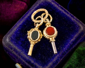 Set of 2 Gilt Metal Gemstone Set Antique Watch Keys on Split Ring.