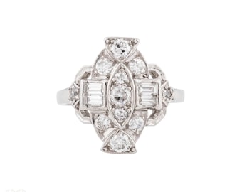 Art Deco Platinum Diamond Cocktail Ring with Baguettes, 0.60ctw.