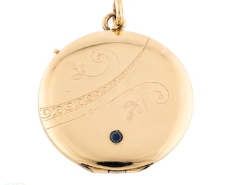 Antique Gold Filled Floral Engraved Locket with Sapphire Paste.
