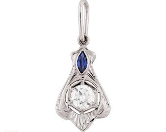 Art Deco Old Cut Diamond & Sapphire Pendant, 18ct White Gold.