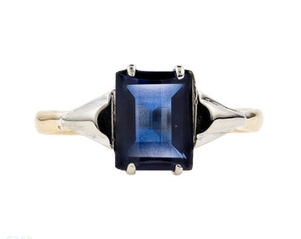 Synthetic Sapphire Single Stone Ring, Art Deco 9ct White & Yellow Gold Gemstone Ring.