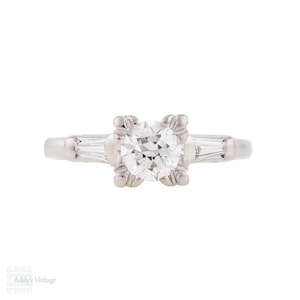 Art Deco Platinum 0.80ctw Old European & Baguette Cut Diamond Engagement Ring.