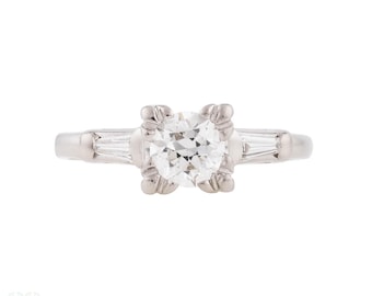 Art Deco Platinum 0.80ctw Old European & Baguette Cut Diamond Engagement Ring.