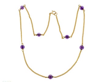 Amethyst Beaded Station Necklace, Antique 9k 9ct Fancy Link Chain 19.5 inches