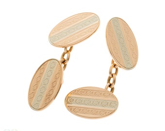 Vintage 1940s Two-Tone 9ct Gold Engine Turned Cuff Links by Alabaster & Wilson.