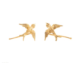 Small Vintage 9ct Gold Swallows in Flight Earrings, Antique Conversion.