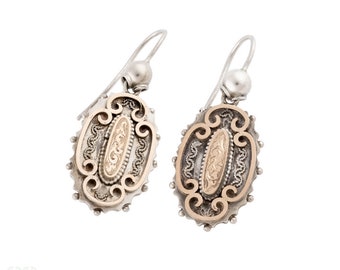 Victorian Aesthetic Sterling Silver & 9ct Gold Drop Earrings.
