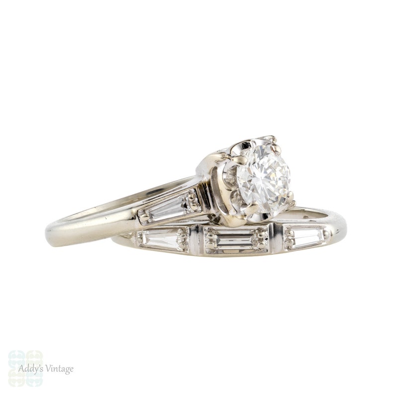 Vintage Round & Baguette Diamond Engagement and Wedding Ring Set. 1940s Locking Bands. image 3