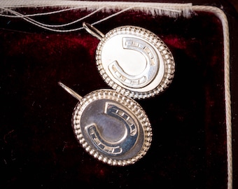 Victorian 1890s Lucky Horseshoe Sterling Silver Earrings.