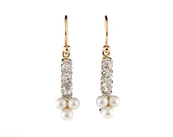 Antique 15ct Gold Cultured Pearl & Old Mine Cut Diamond Dangle Earrings.