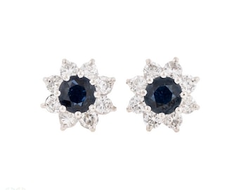 Sapphire & Diamond Vintage Cluster Earrings, 18ct White Gold.