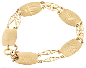 Engine Turned Vintage 9ct Yellow Gold Bracelet, Fancy Pierced Links 6.5 inches / 16.5 cm