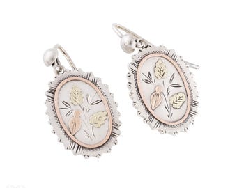 Floral Antique Victorian Sterling Silver & 9ct Gold Aesthetic Earrings.
