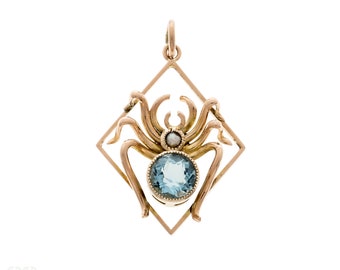 Antique 9ct Spider Pendant, Blue Paste & Seed Pearl 9k Bug.