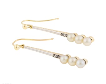Antique Cultured Pearl & Diamond Drop Earrings, 15ct Platinum Dangles.