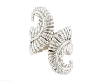 Vintage Sterling Mexican Feather Clamper Bracelet, Silver Statement Bangle.