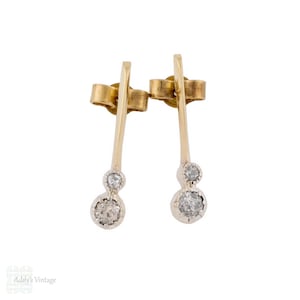 Antique Old European Cut Diamond Bar Earrings, 9ct & Silver Exclamation Point Studs.