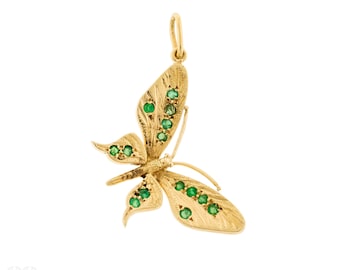 Vintage 18ct Gold & Emerald Butterfly Pendant, Circa 1980s.