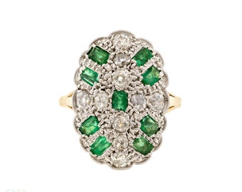 Antique Cluster Emerald & Old Cut Diamond Cocktail Ring, 18ct Platinum.