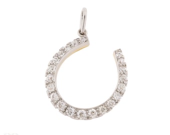 Antique Old European Cut Diamond Horseshoe Pendant, 14k Gold & Platinum.