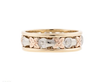 Mid Century Wedding Ring, ArtCarved Tri-Tone Bell & Flower 14k Band Size N / 6.75.