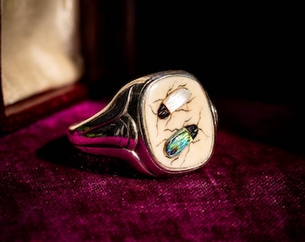 Vintage Shibayama Insect Ring, Silver Signet Style Bug Ring.