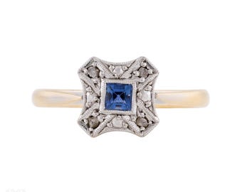 Art Deco Cornflower Blue Sapphire & Diamond Ring, 9ct PLAT.