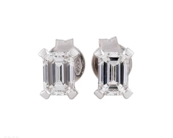 Emerald Cut Diamond Stud Earrings, 0.90ctw, in 18ct White Gold with report.