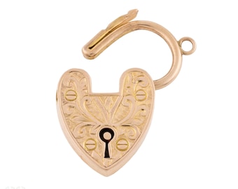 Antique Engraved 9ct Gold Heart Padlock Pendant Clasp.